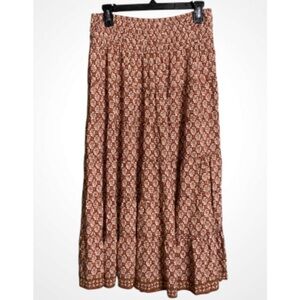 Max Studio Terracotta Floral Shirred Waist Tiered Maxi Skirt Large